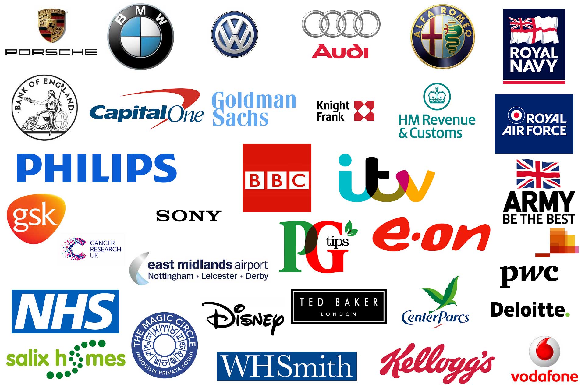Client logos including major UK brands